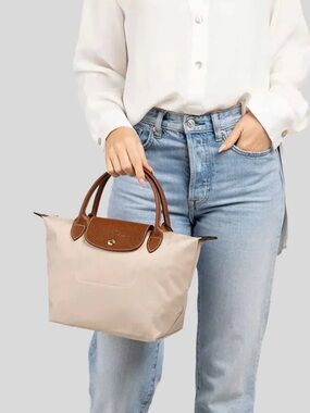 Longchamp le Pliage  original Small Tote in Beige with Brown Trim